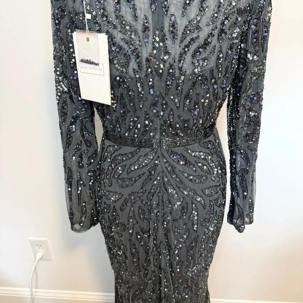 Mac Duggal 5124 Beaded Long Sleeve Evening Gown In Charcoal Size 8 New - Picture 11 of 16